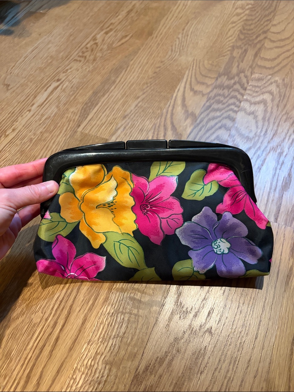 Vintage Floral Print Black Clutch Bag with Pink, Yellow and Purple Flowers